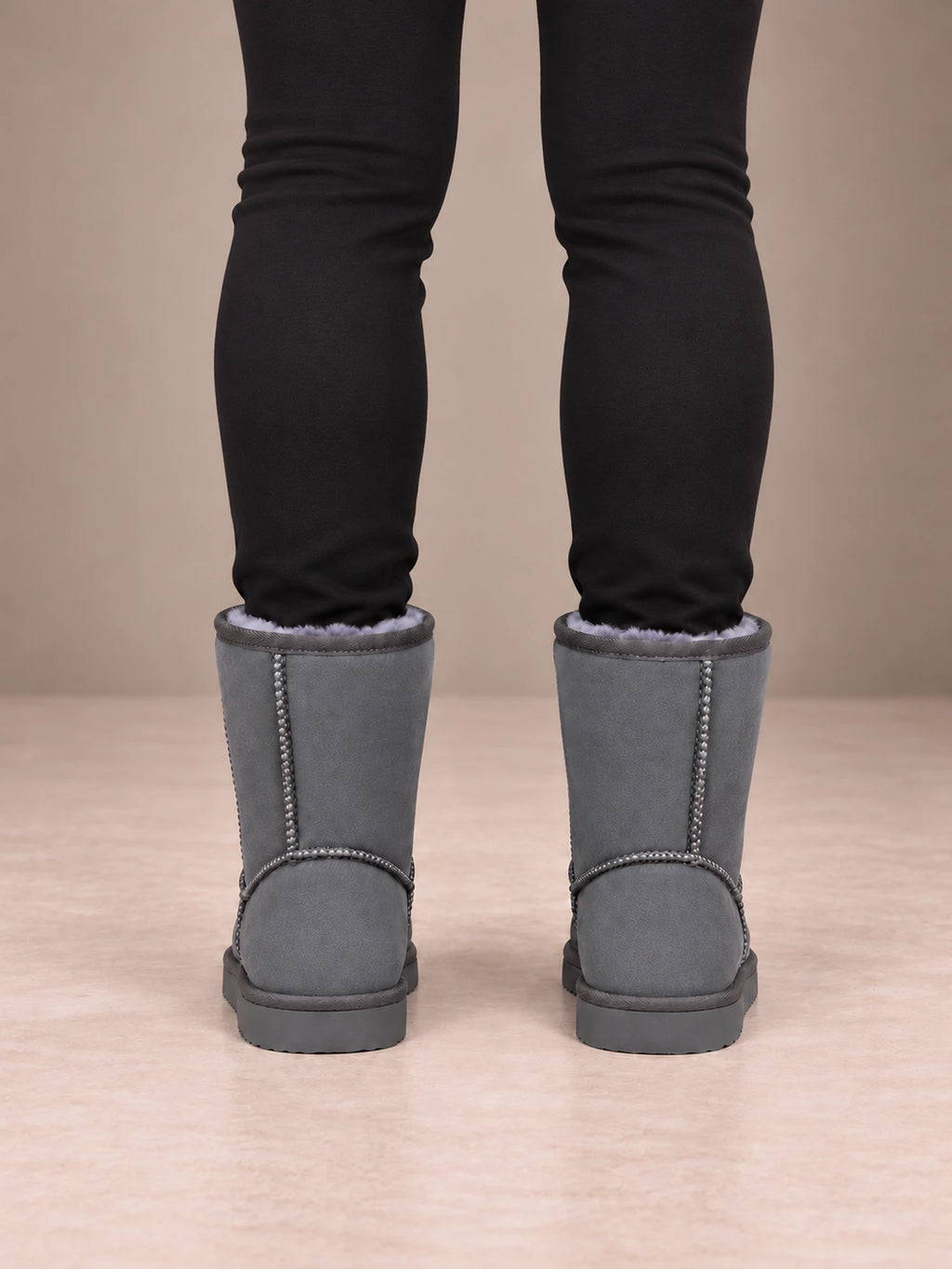 Women's Classic Fleece-Lined Ankle Boots – Faux Suede Short Boots in Gray, back view