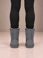 Women's Classic Fleece-Lined Ankle Boots – Faux Suede Short Boots in Gray, back view