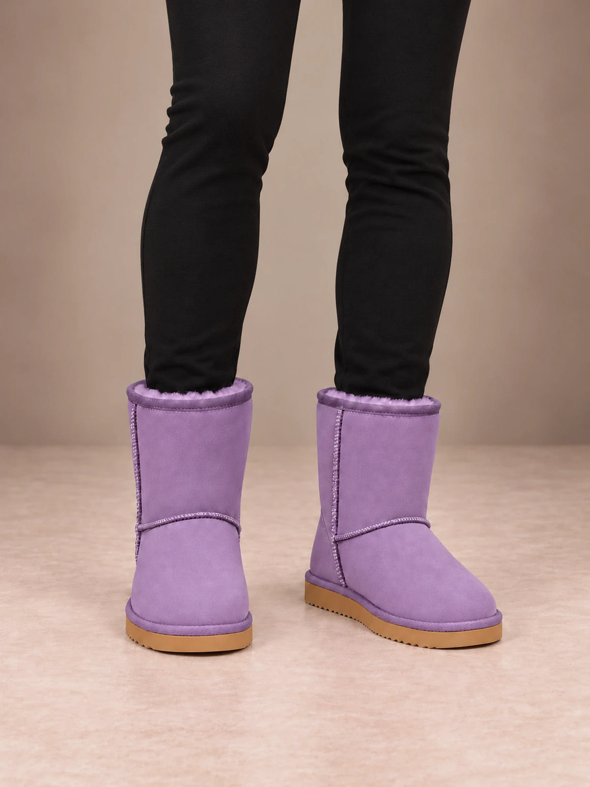 Women's Classic Fleece-Lined Ankle Boots – Faux Suede Short Boots in Lilac, front view