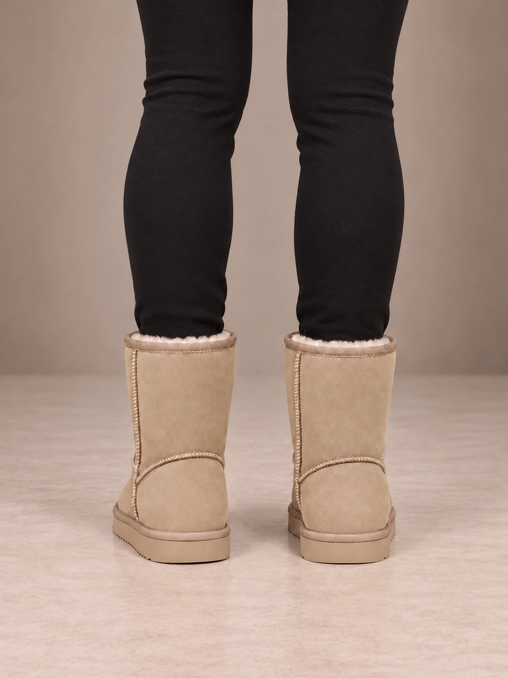 Women's Classic Fleece-Lined Ankle Boots – Faux Suede Short Boots in Sand, back view