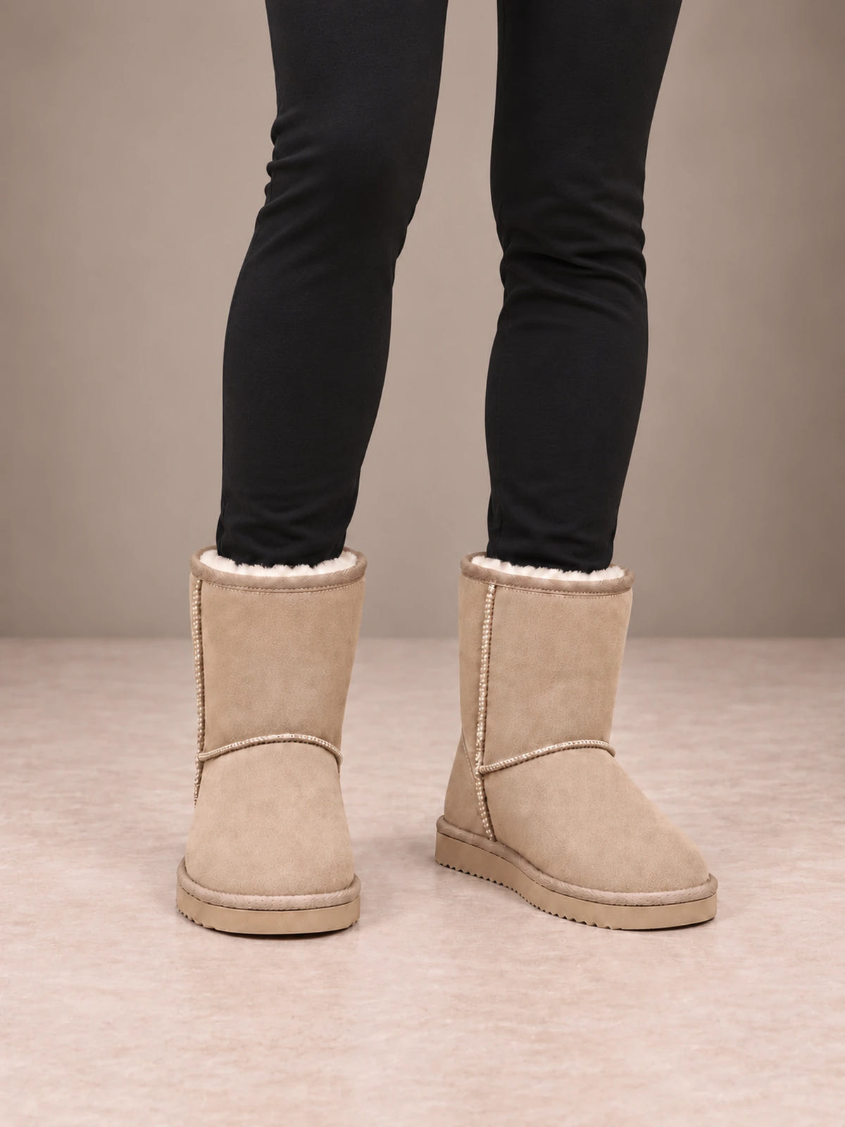 Women's Classic Fleece-Lined Ankle Boots – Faux Suede Short Boots in Sand, front view