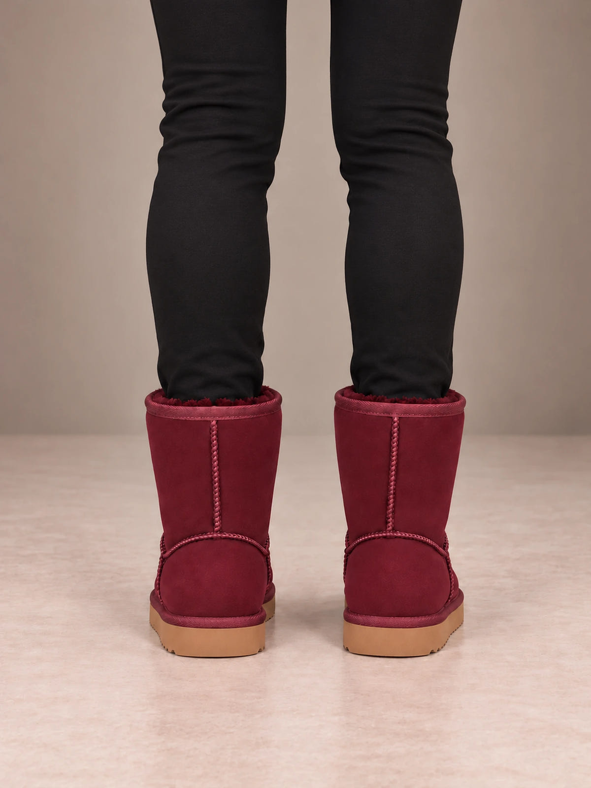 Women's Classic Fleece-Lined Ankle Boots – Faux Suede Short Boots in Burgundy, back view