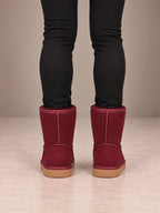 Women's Classic Fleece-Lined Ankle Boots – Faux Suede Short Boots in Burgundy, back view