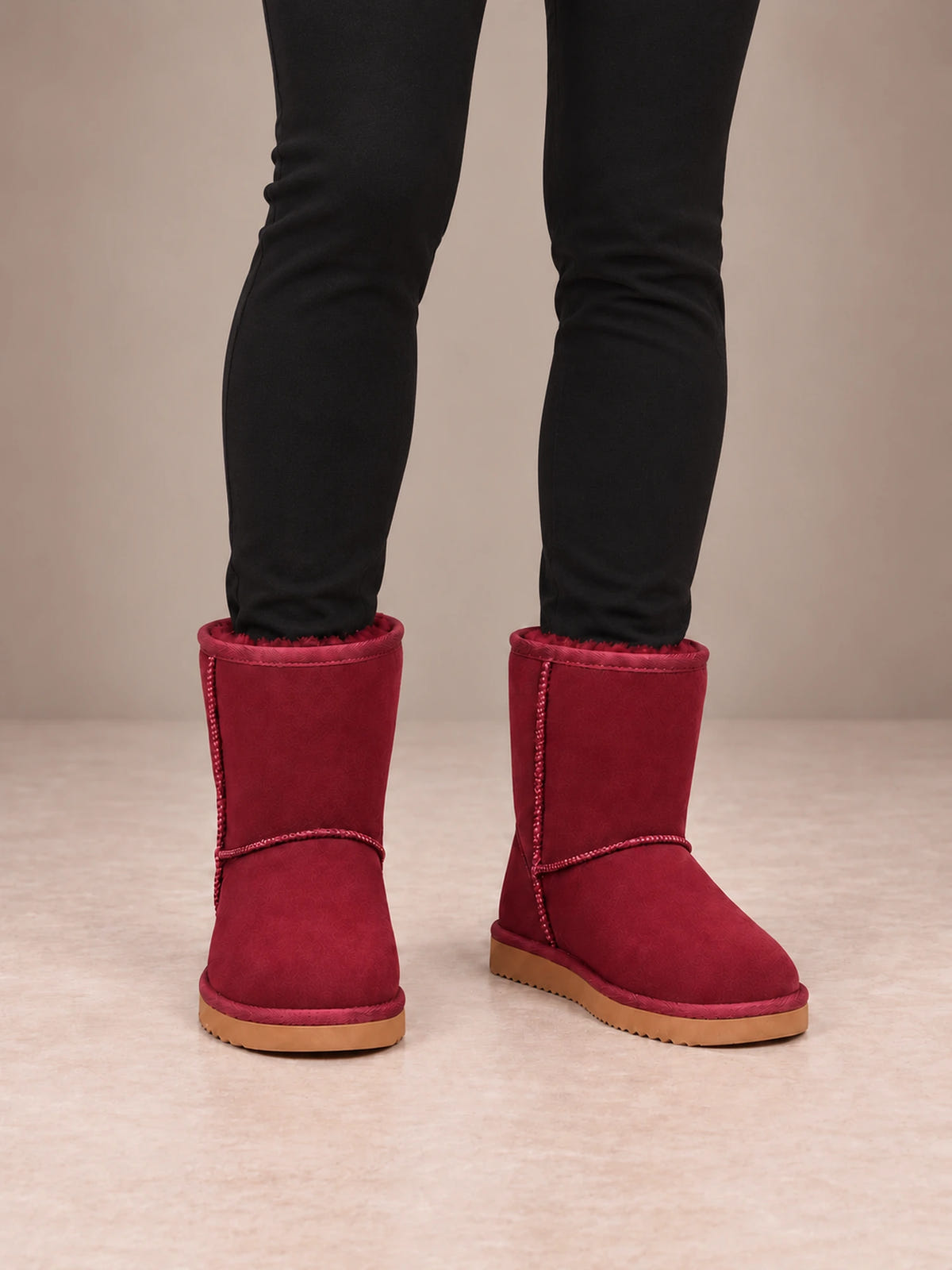 Women's Classic Fleece-Lined Ankle Boots – Faux Suede Short Boots in Burgundy, front view
