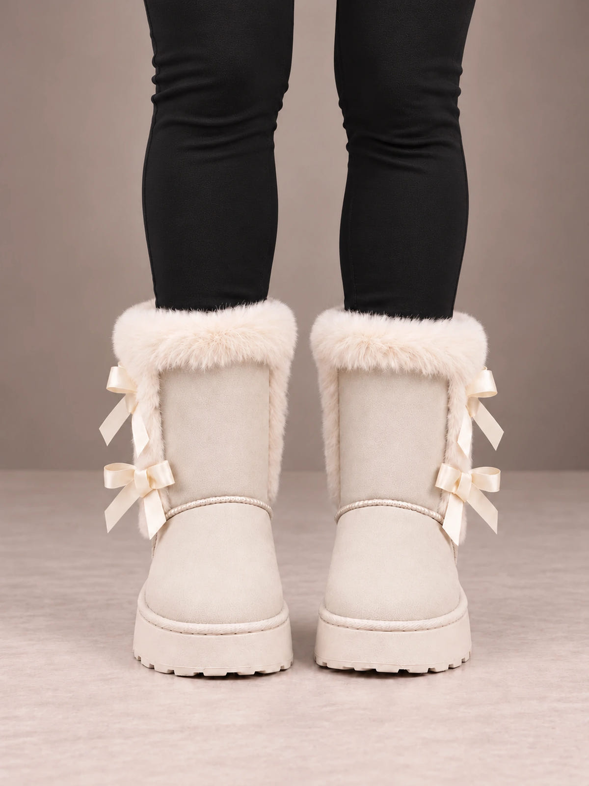 Women's Bow Back Platform Boots – Faux Fur Cuff Ankle Boots in Cream, front view