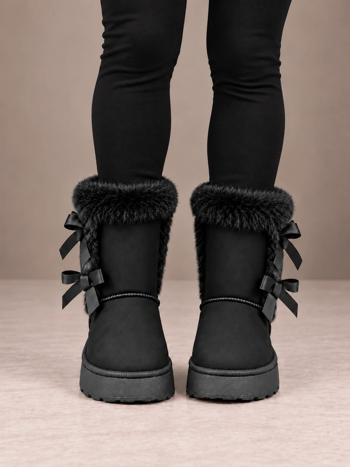 Women's Bow Back Platform Boots – Faux Fur Cuff Ankle Boots in Black, front view