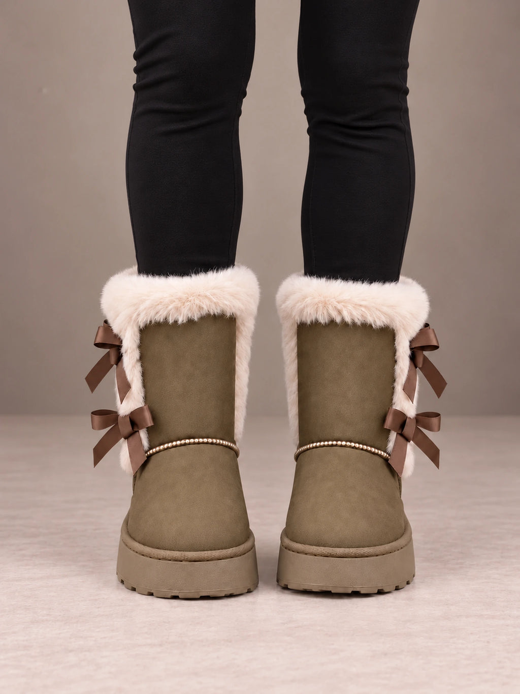 Women's Bow Back Platform Boots – Faux Fur Cuff Ankle Boots in Olive, front view
