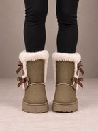 Women's Bow Back Platform Boots – Faux Fur Cuff Ankle Boots in Olive, front view