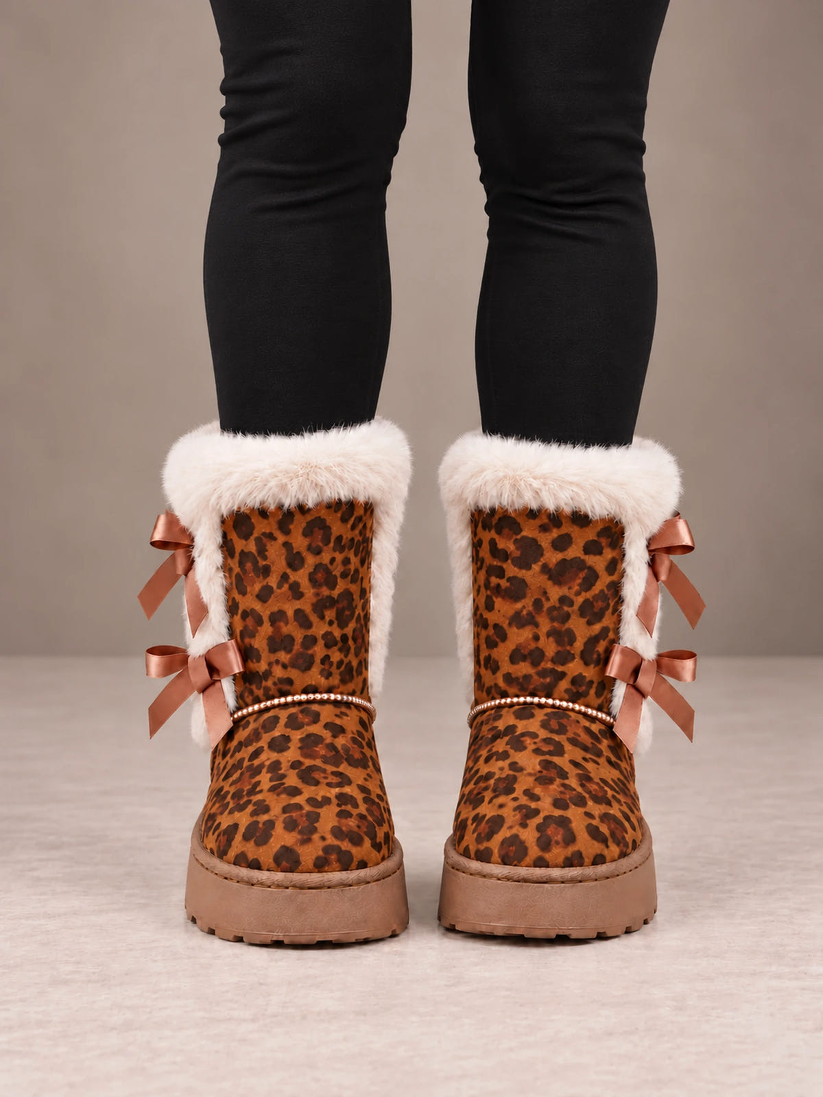 Women's Bow Back Platform Boots – Faux Fur Cuff Ankle Boots in Leopard, front view