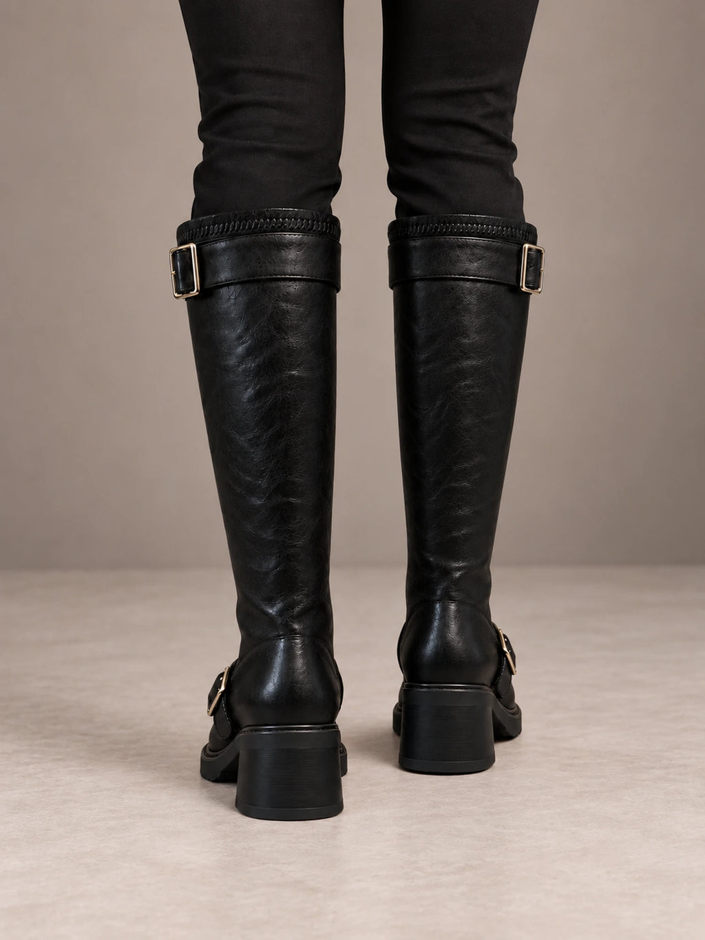 Women's Chunky Buckle Knee Boots – Ankle and Calf Strap Block Heel in Black, back view