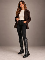 Women's Chunky Buckle Knee Boots – Ankle and Calf Strap Block Heel in Black, on model view