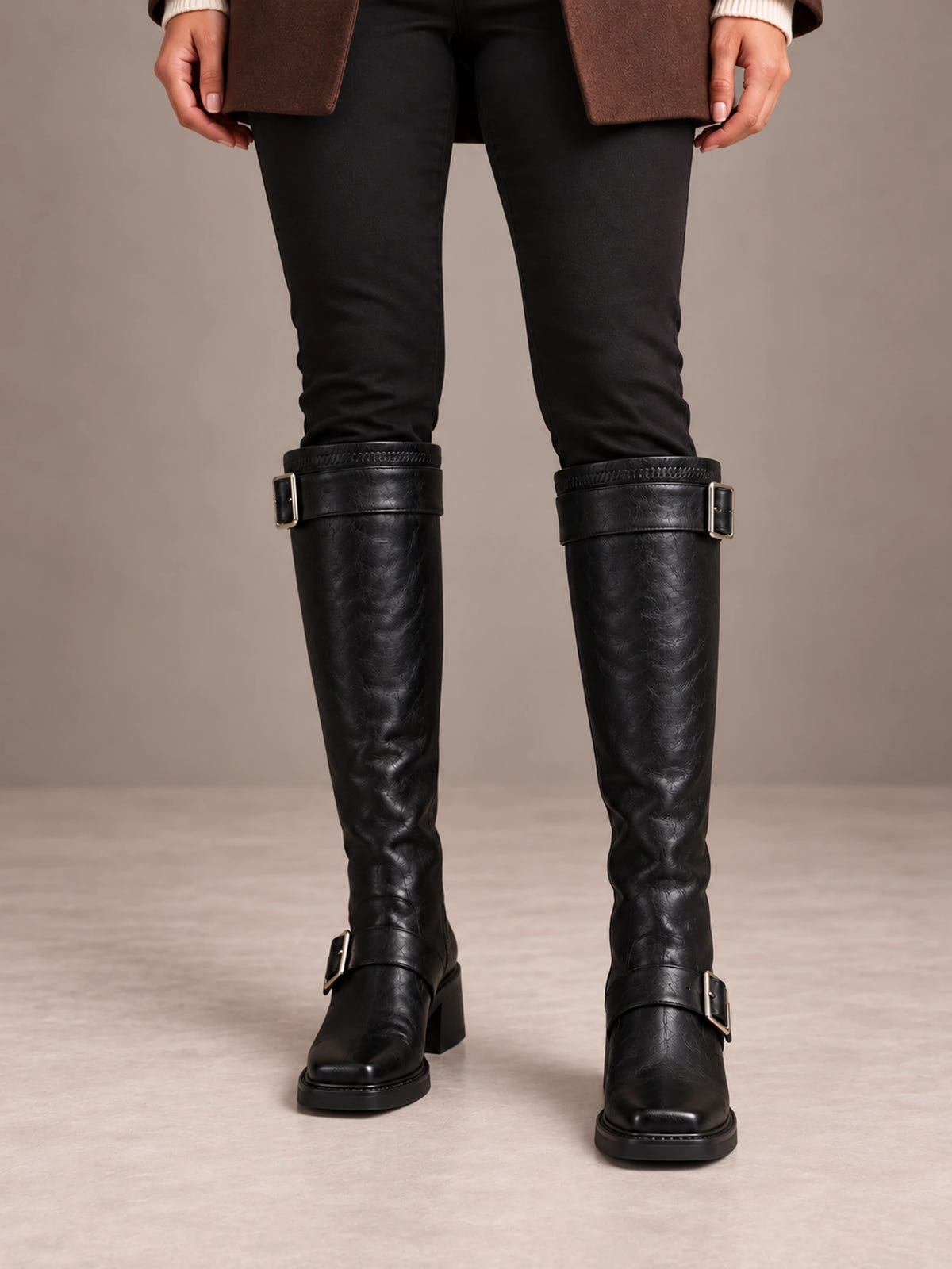 Women's Chunky Buckle Knee Boots – Ankle and Calf Strap Block Heel in Black, front view