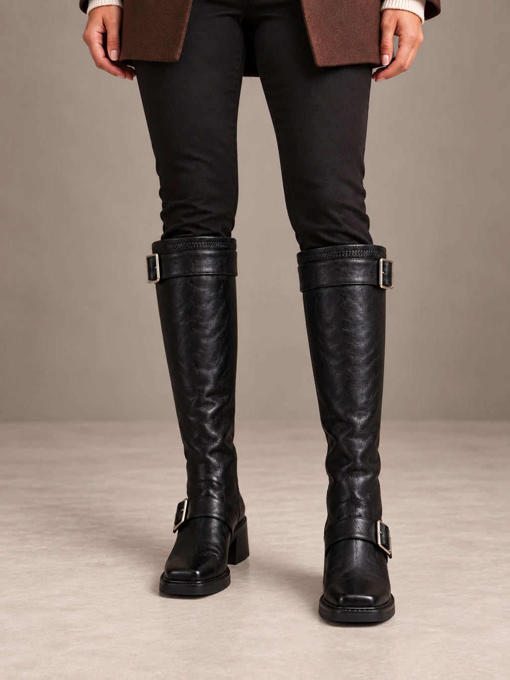 Women's Chunky Buckle Knee Boots – Ankle and Calf Strap Block Heel in Black, front view