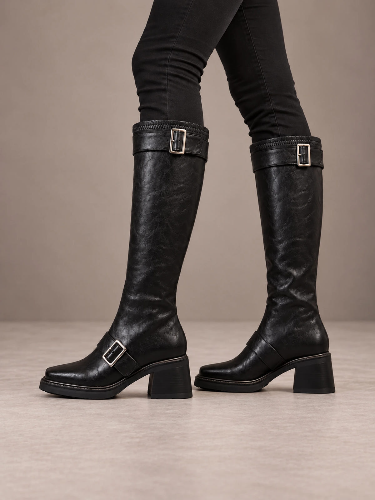 Women's Chunky Buckle Knee Boots – Ankle and Calf Strap Block Heel in Black, side view