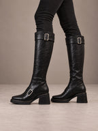 Women's Chunky Buckle Knee Boots – Ankle and Calf Strap Block Heel in Black, side view