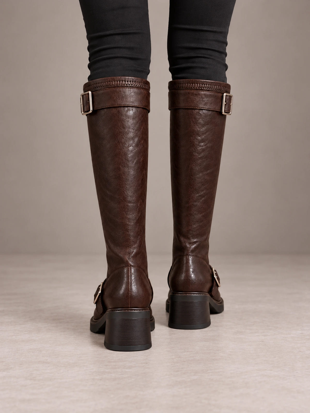 Women's Chunky Buckle Knee Boots – Ankle and Calf Strap Block Heel in Brown, back view