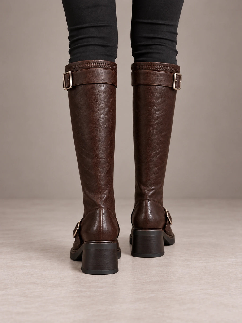 Women's Chunky Buckle Knee Boots – Ankle and Calf Strap Block Heel in Brown, back view