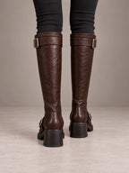 Women's Chunky Buckle Knee Boots – Ankle and Calf Strap Block Heel in Brown, back view