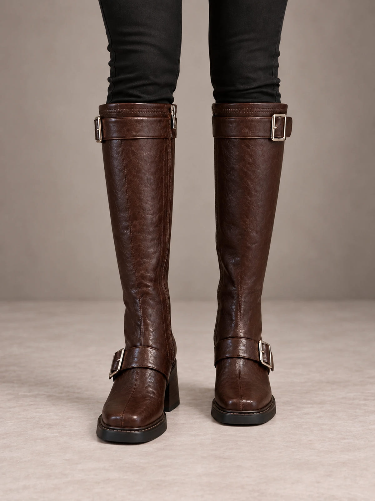 Women's Chunky Buckle Knee Boots – Ankle and Calf Strap Block Heel in Brown, front view