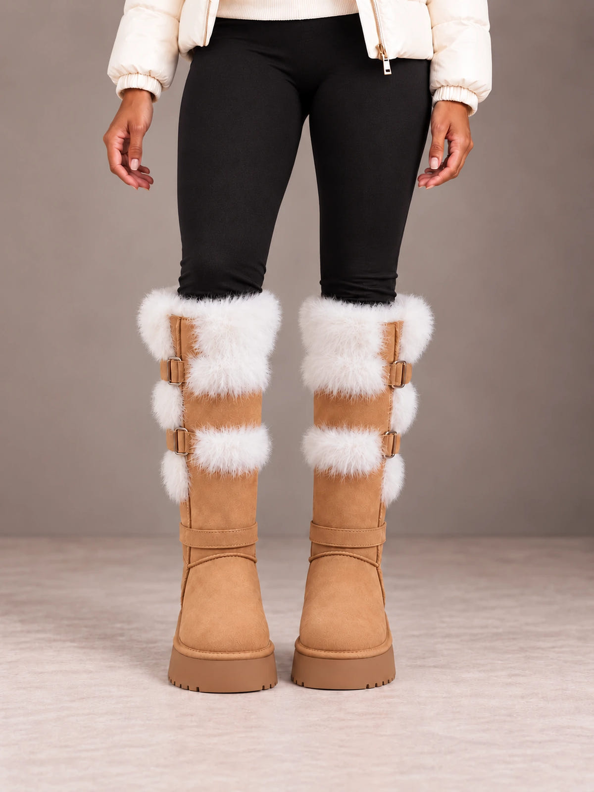 Women's Faux Fur Knee-High Boots – Double Buckle Platform Sole in Camel, front view