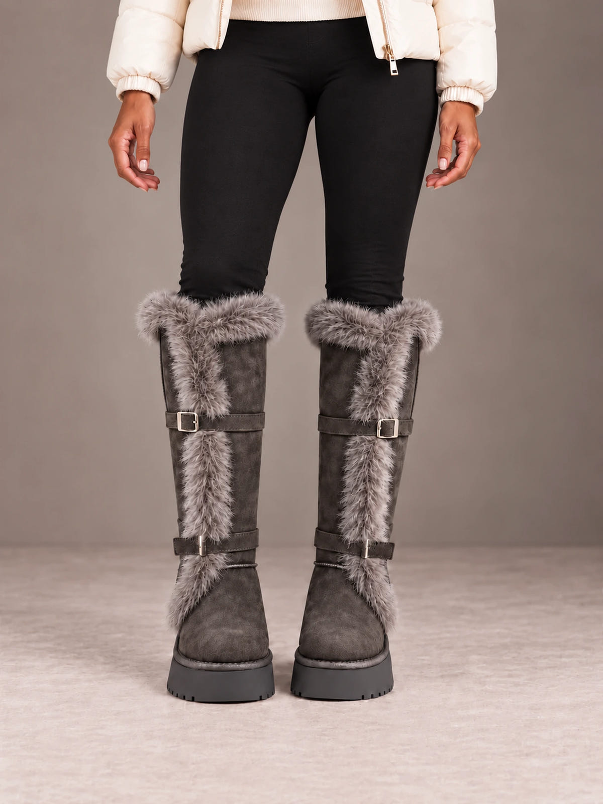 Women's Faux Fur Knee-High Boots – Double Buckle Platform Sole in Gray, front view