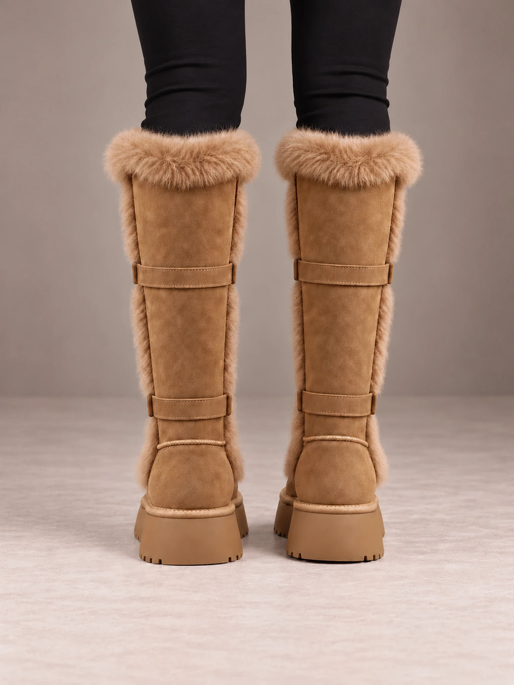 Women's Faux Fur Knee-High Boots – Double Buckle Platform Sole in Taupe, back view