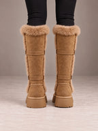 Women's Faux Fur Knee-High Boots – Double Buckle Platform Sole in Taupe, back view