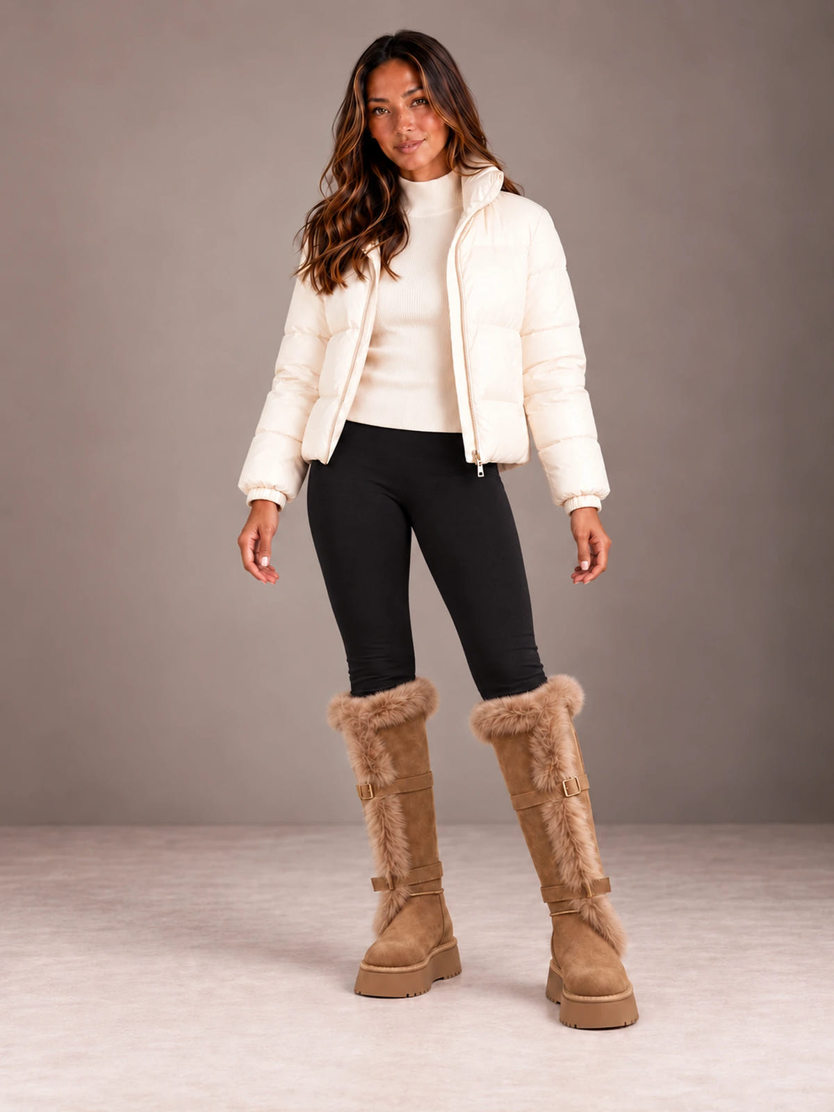 Women's Faux Fur Knee-High Boots – Double Buckle Platform Sole in Taupe, on model view