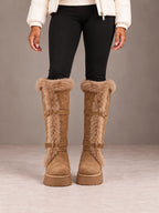 Women's Faux Fur Knee-High Boots – Double Buckle Platform Sole in Taupe, front view