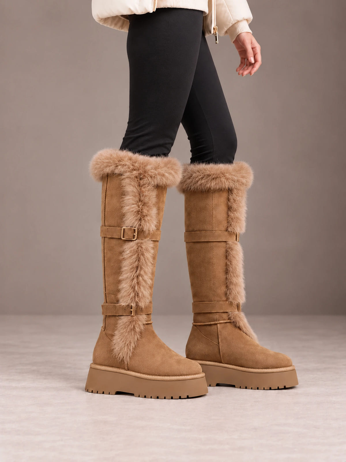 Women's Faux Fur Knee-High Boots – Double Buckle Platform Sole in Taupe, side view