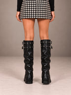 Women's Slouchy Moto Boots – Knee-High Double Buckle Block Heel in Black, back view
