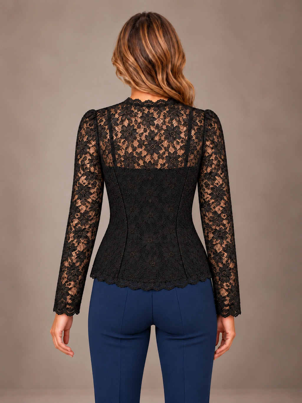 Women's Scalloped Lace Blouse – Button Front Fitted Long Sleeve in Black, back view