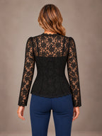 Women's Scalloped Lace Blouse – Button Front Fitted Long Sleeve in Black, back view