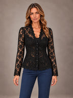 Women's Scalloped Lace Blouse – Button Front Fitted Long Sleeve in Black, front view