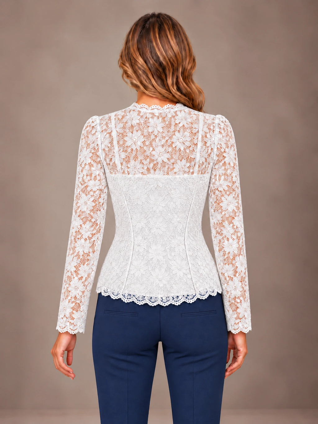 Women's Scalloped Lace Blouse – Button Front Fitted Long Sleeve in White, back view