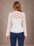 Women's Scalloped Lace Blouse – Button Front Fitted Long Sleeve in White, back view
