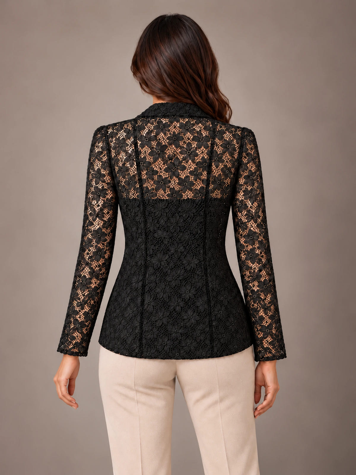 Women's Lace Blazer – Shawl Collar Fitted Open Front Jacket in Black, back view