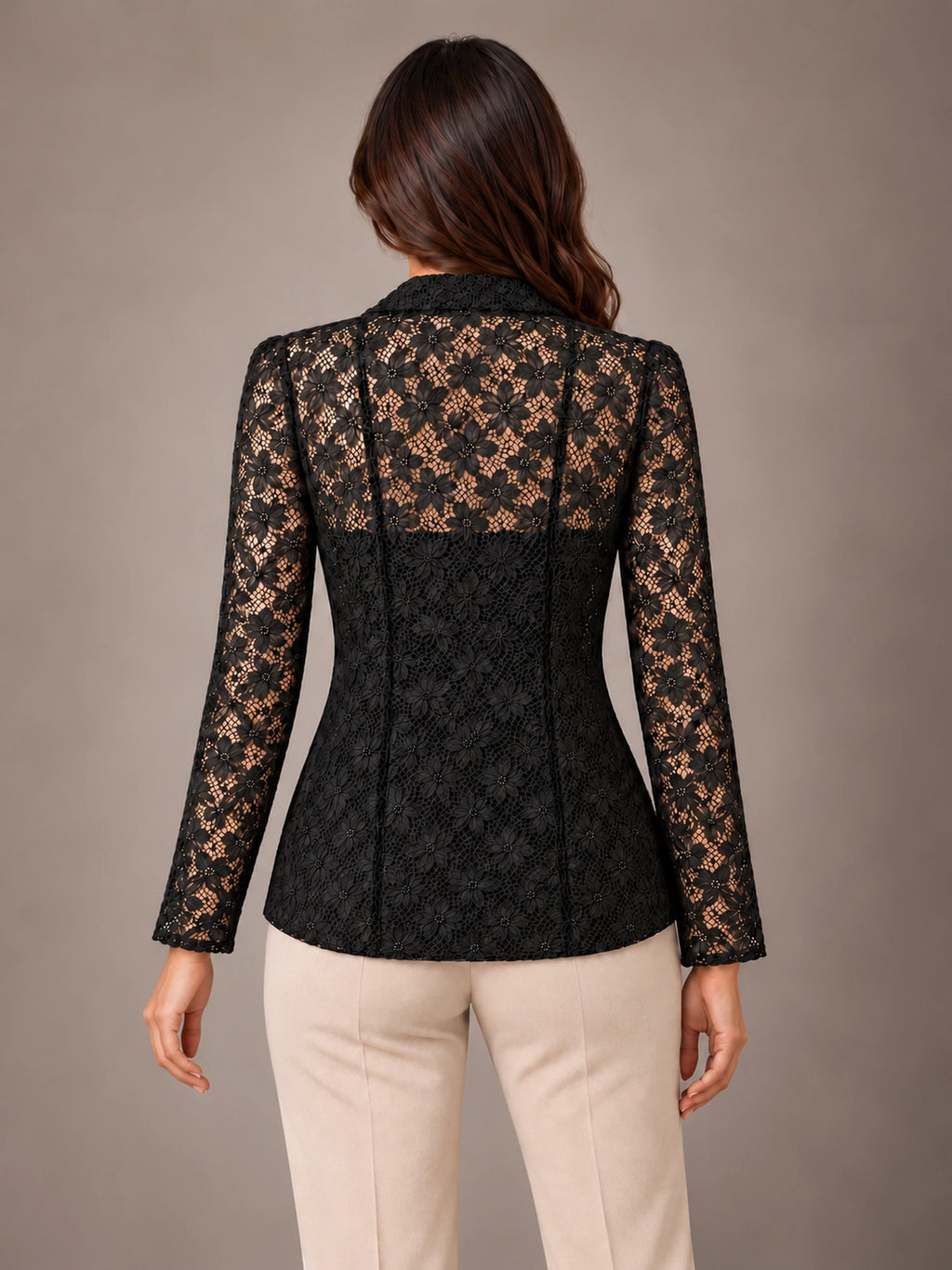 Women's Lace Blazer – Shawl Collar Fitted Open Front Jacket in Black, back view