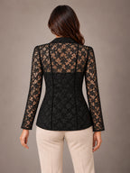 Women's Lace Blazer – Shawl Collar Fitted Open Front Jacket in Black, back view