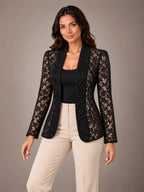 Women's Lace Blazer – Shawl Collar Fitted Open Front Jacket in Black, on model view