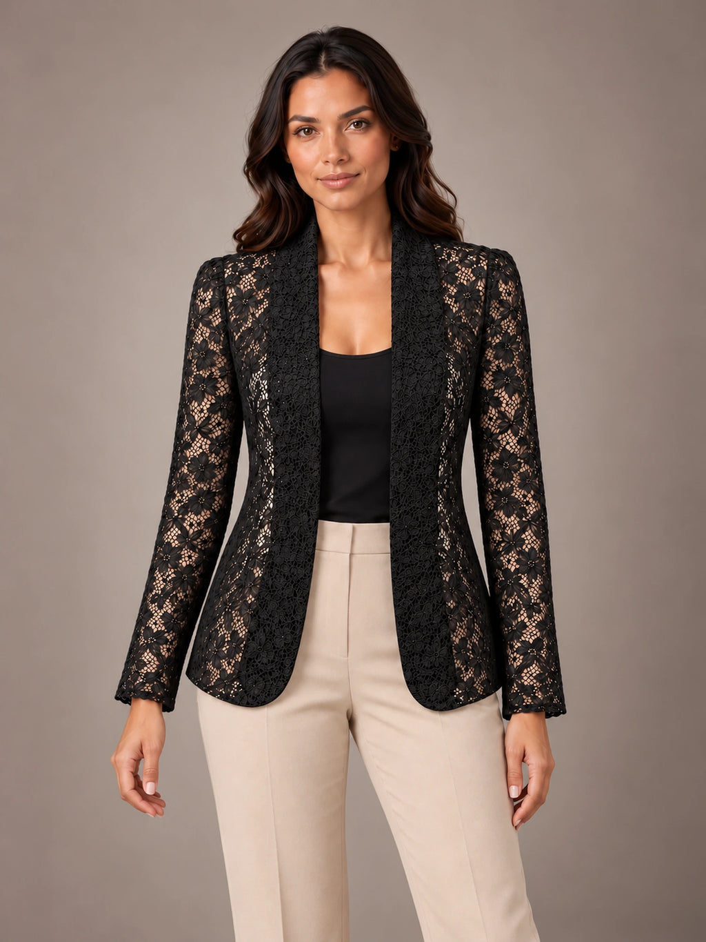 Women's Lace Blazer – Shawl Collar Fitted Open Front Jacket in Black, front view