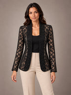 Women's Lace Blazer – Shawl Collar Fitted Open Front Jacket in Black, front view