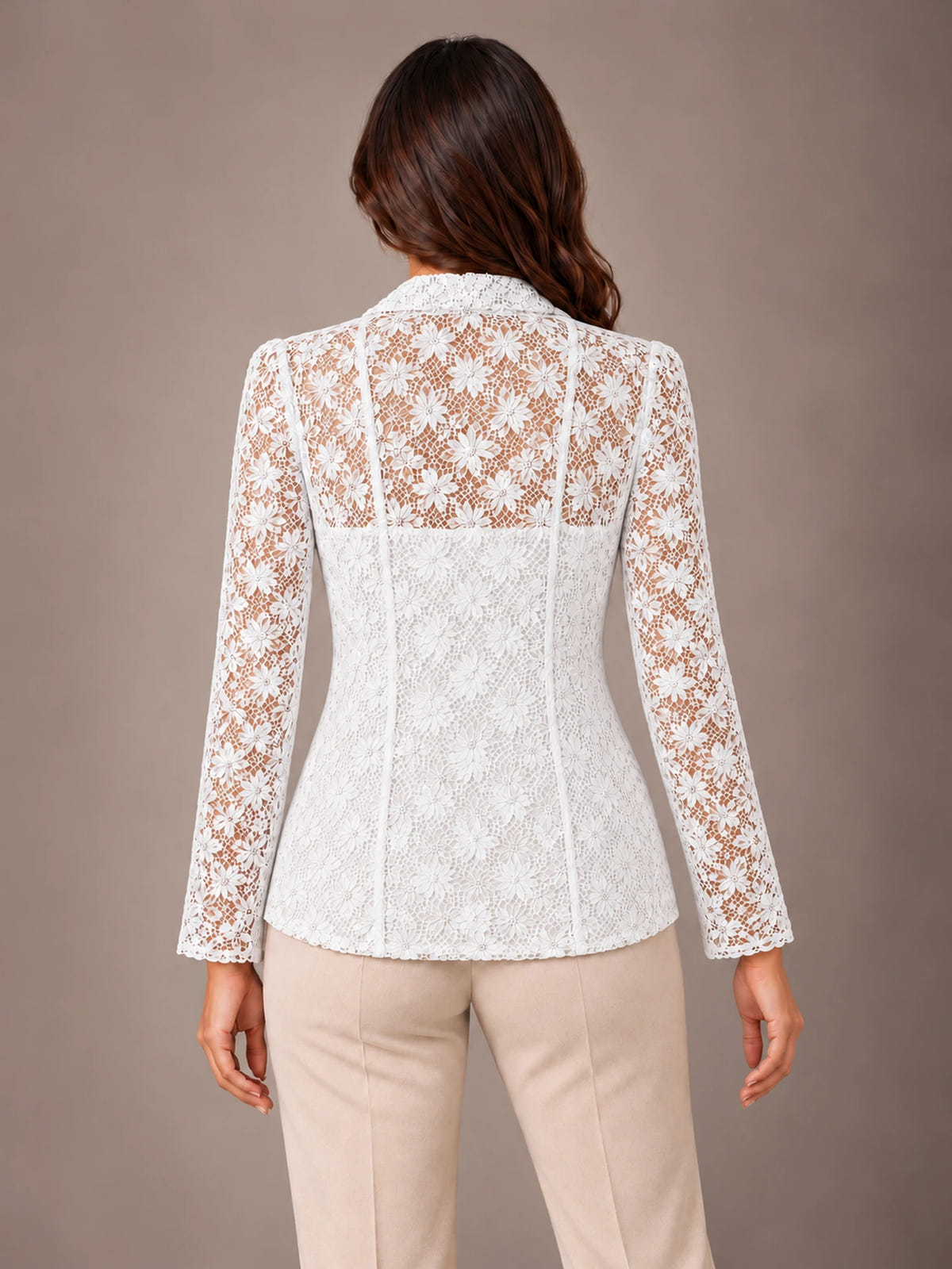 Women's Lace Blazer – Shawl Collar Fitted Open Front Jacket in White, back view