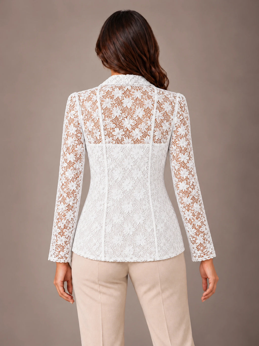 Women's Lace Blazer – Shawl Collar Fitted Open Front Jacket in White, back view