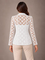 Women's Lace Blazer – Shawl Collar Fitted Open Front Jacket in White, back view