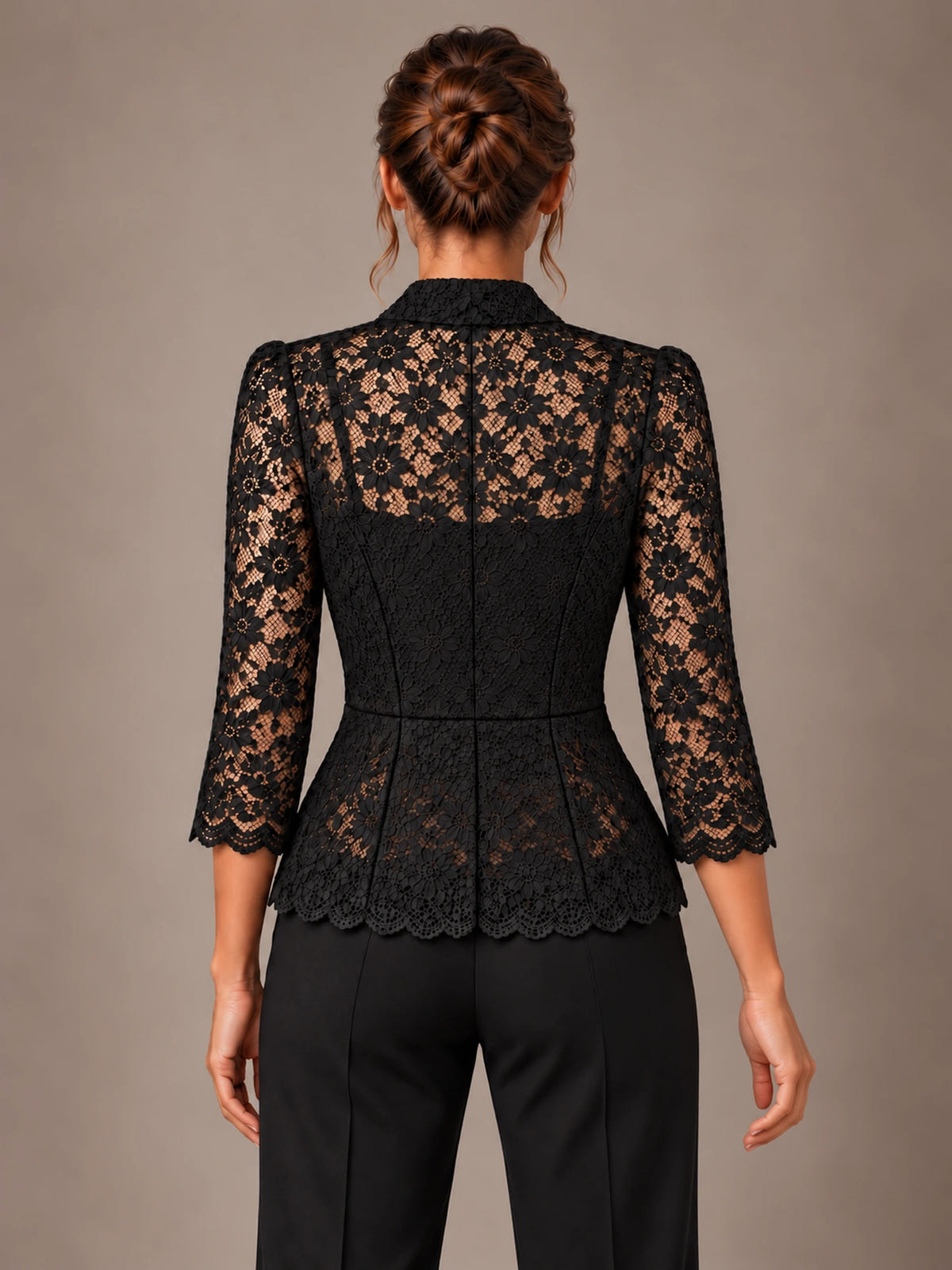Women's Lace Peplum Jacket – Single Button Notch Lapel in Black, back view