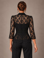 Women's Lace Peplum Jacket – Single Button Notch Lapel in Black, back view