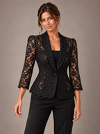 Women's Lace Peplum Jacket – Single Button Notch Lapel in Black, on model view