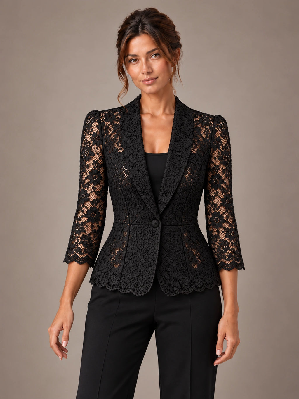 Women's Lace Peplum Jacket – Single Button Notch Lapel in Black, front view