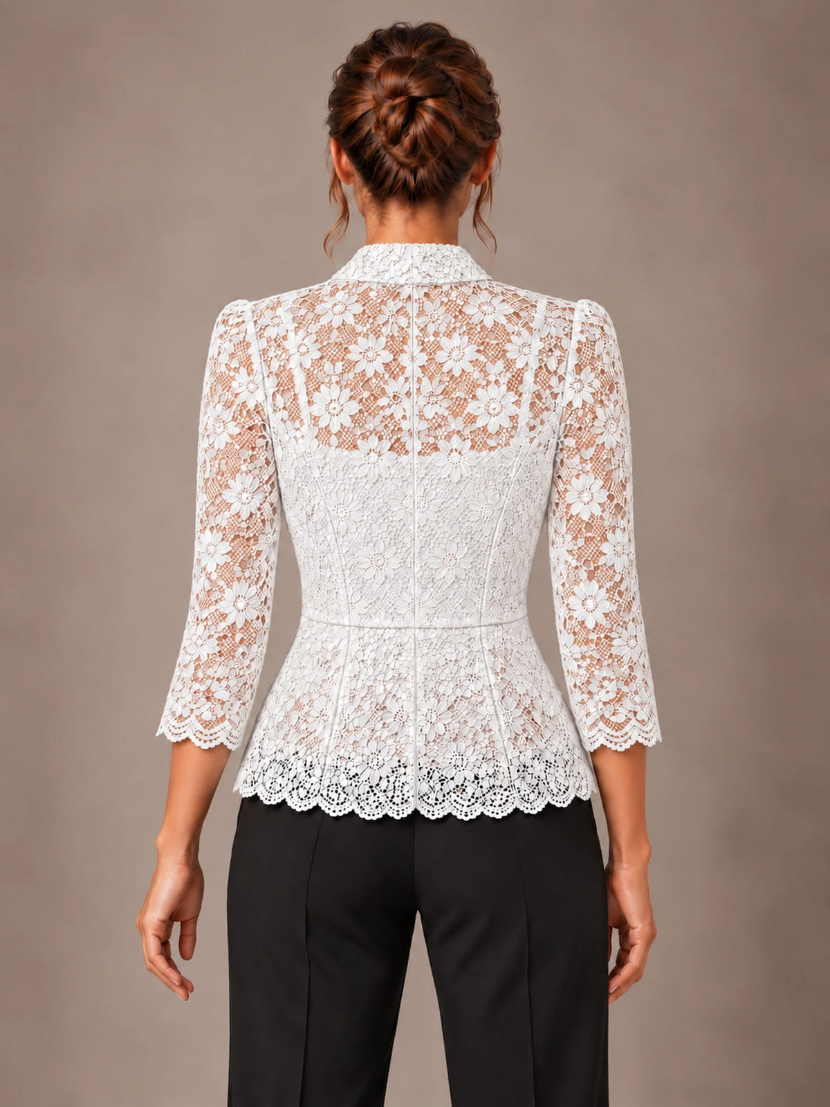 Women's Lace Peplum Jacket – Single Button Notch Lapel in White, back view